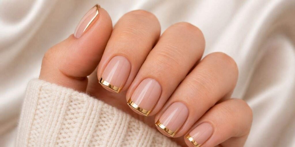 Gold Chrome French Tip Short Acrylic Nails Ideas